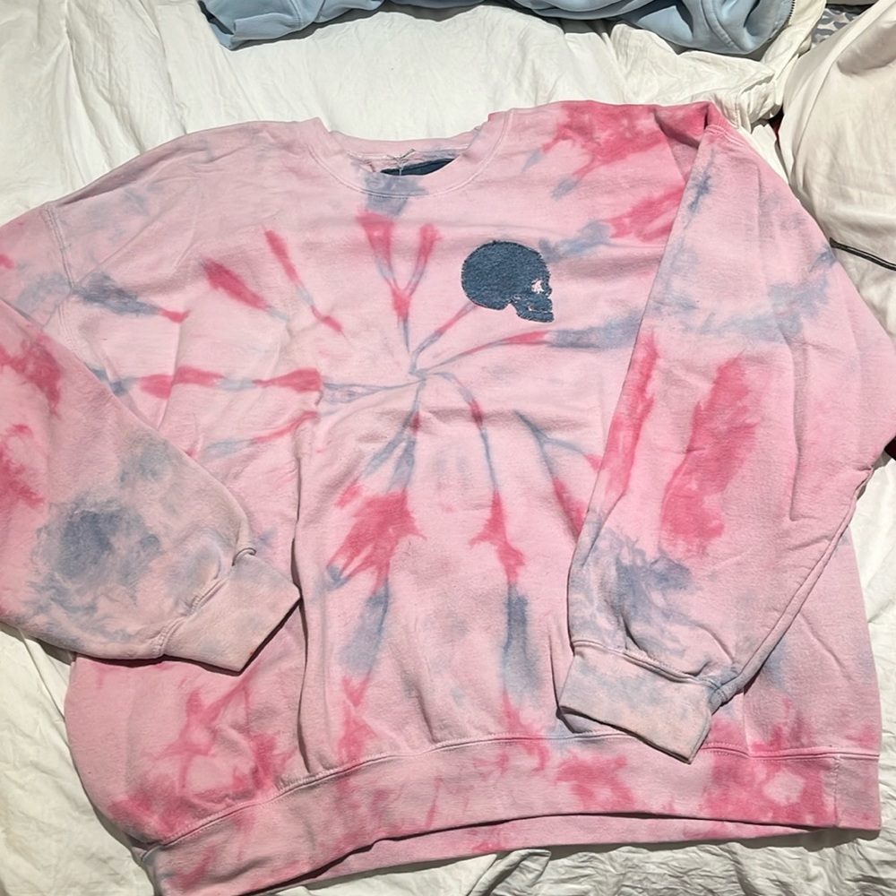 Pink tie dye crewneck size M with sewn on denim skull